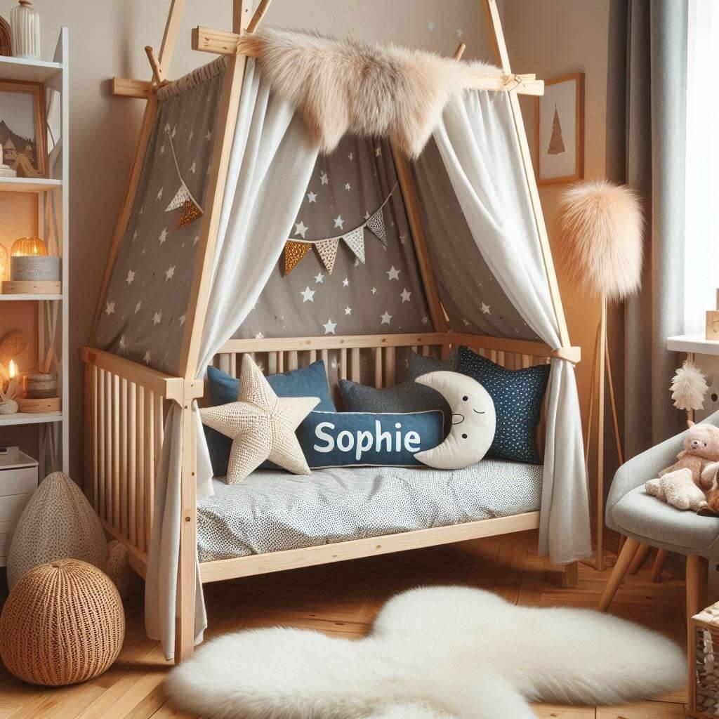 Chambre scandinave prenom sophie joli lit cabane coussin etoile coussin lune