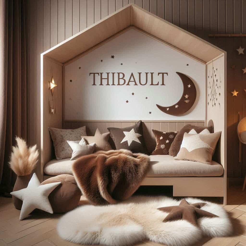 Chambre scandinave prenom thibault coussin etoile coussin lune lit cabane couleur marron fonce et beige