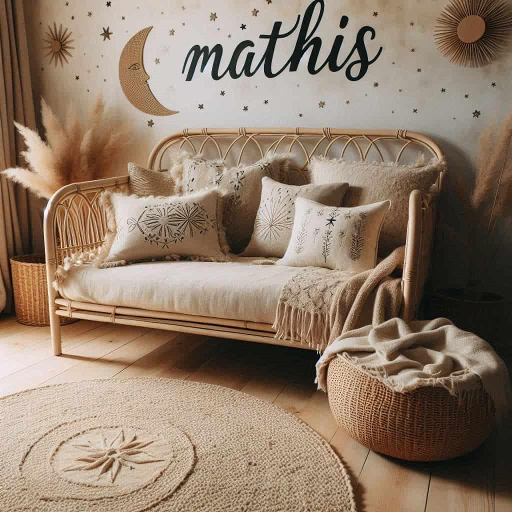 Chambre style boheme personnalisee avec le prenom mathis couleurs naturelles