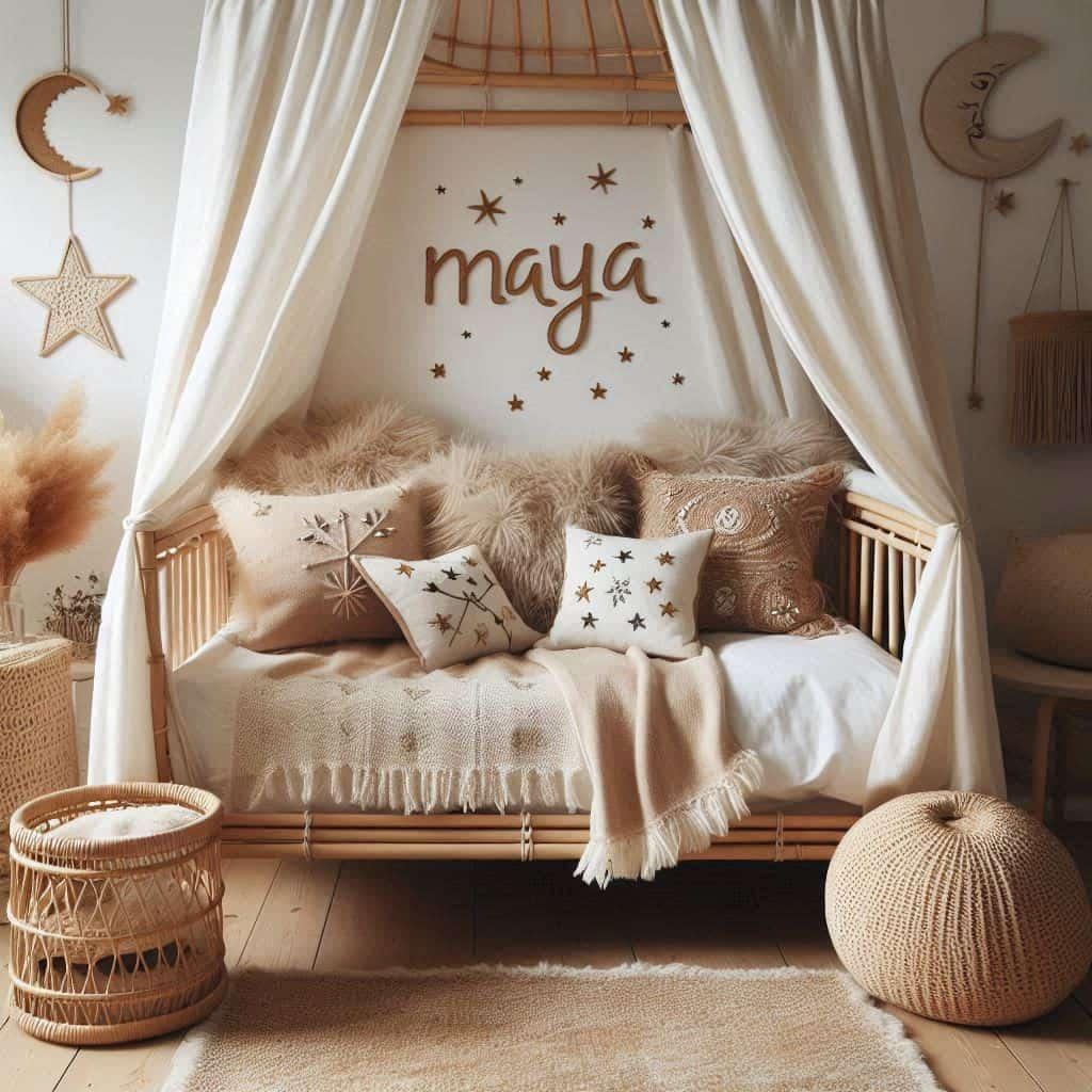 Chambre style boheme prenom maya couleurs naturelles bambou rotin