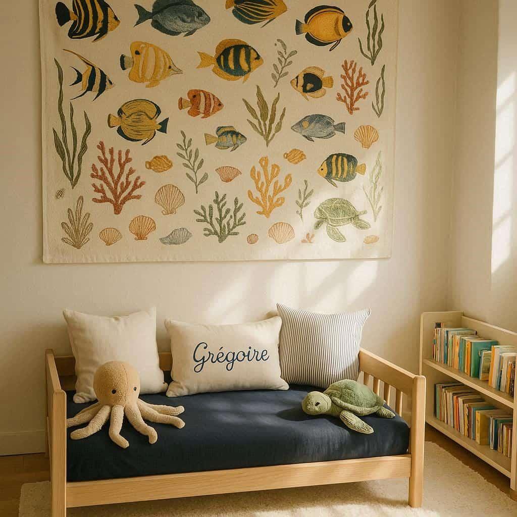 Chambre theme de la mer prenom gregoire peluche animaux de la mer lit montessori petite bibliotheque avec des livres
