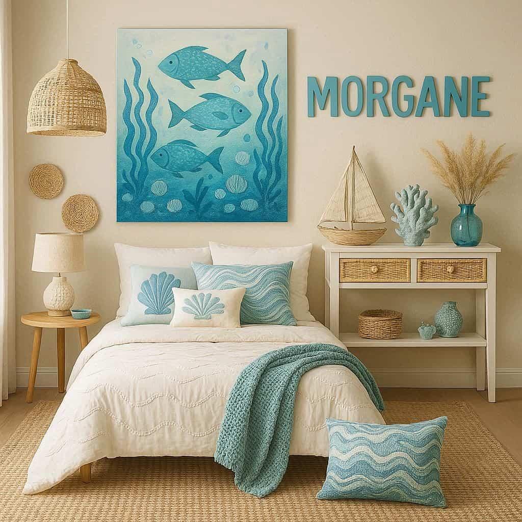 Chambre theme de la mer prenom morgane couleur blanc et bleu cadre poissons