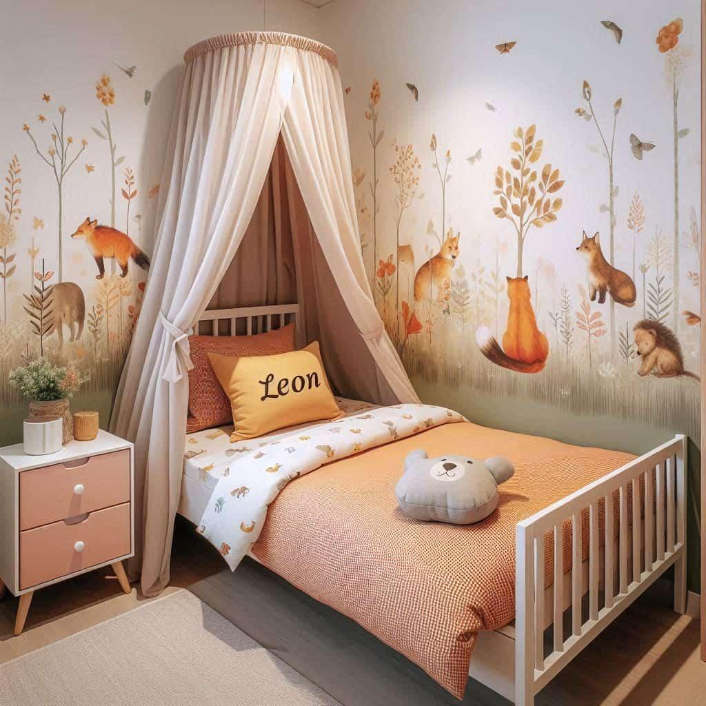 Chambre theme deco renard vintage personnalisee avec le prenom leon