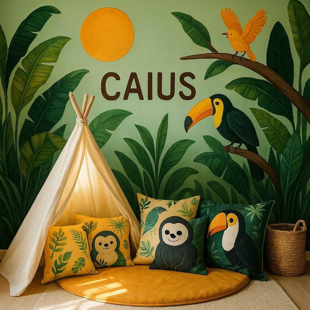 Chambre theme jungle tropicale prenom caius mur illustre tipi tapis oreillers toucan et feuilles