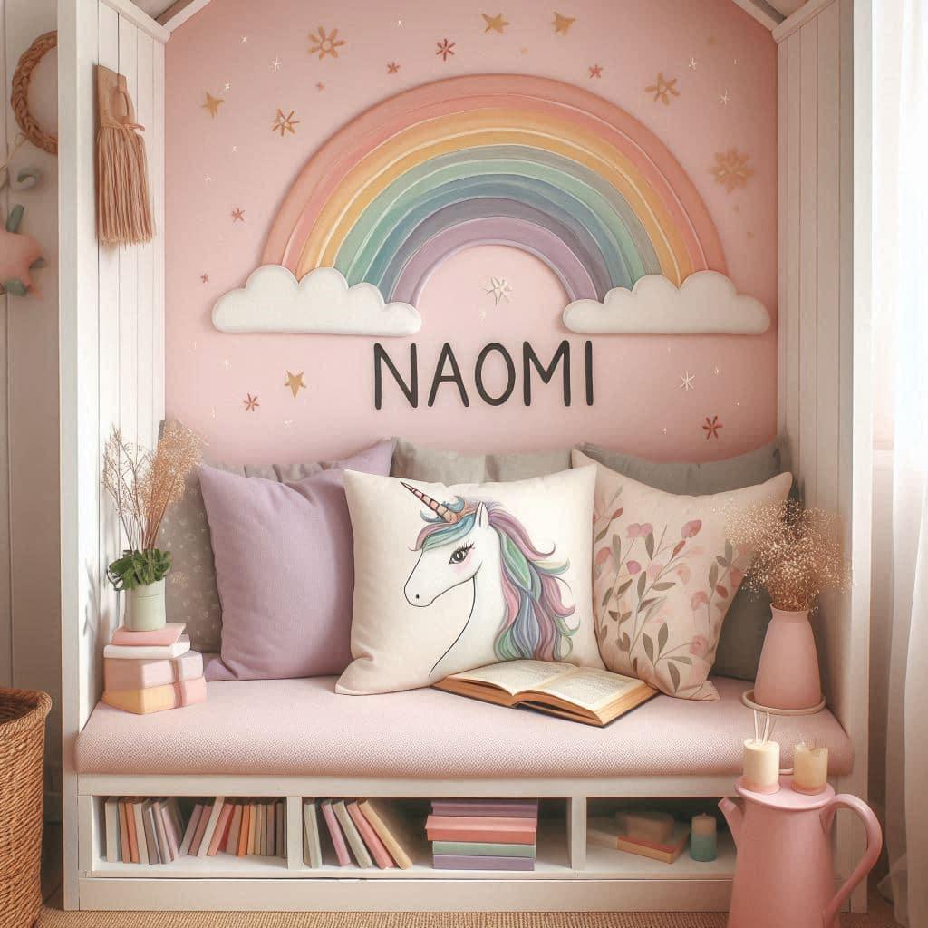 Chambre theme licorne et pastel coin lecture personnalisee avec le prenom naomi