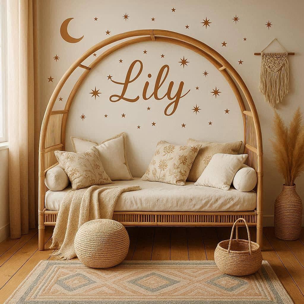 Chambre theme rotin personnalisee avec le prenom lily couleurs douces et naturelles