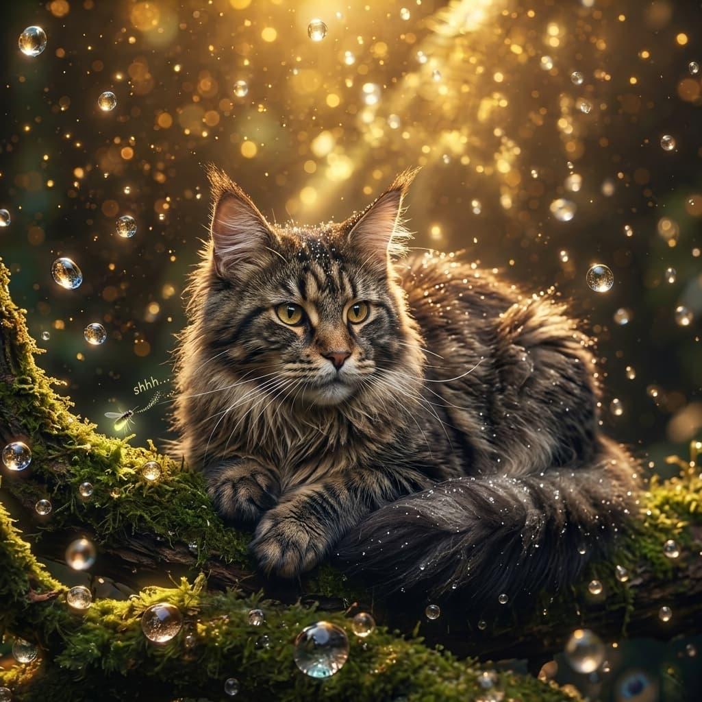 Chat maine coon majestueux sur une branche moussue eclaire par des gouttes de pluie dorees et une luciole magique