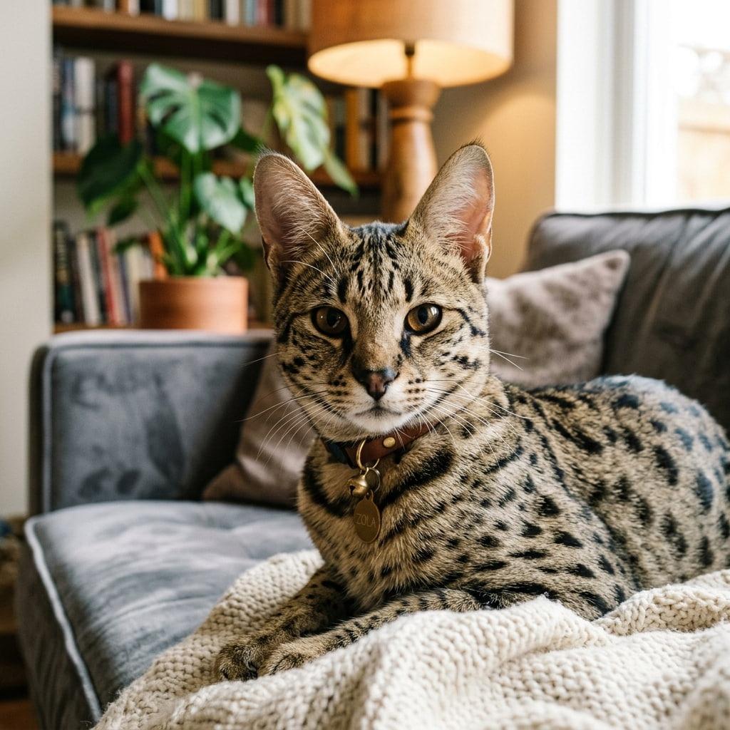 Chat savannah tachete nomme zola allonge sur un plaid symbolisant l elegance sauvage et la noblesse instinctive