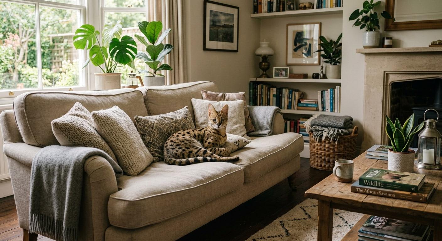 Chat savannah tachete sur un canape regard attentif symbolisant l instinct la vigilance et la puissance interieure