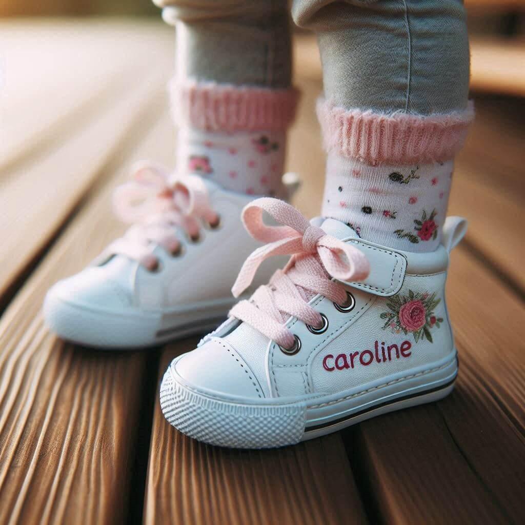 Chaussures baskets pour enfant avec le prenom caroline porte par une petite fille