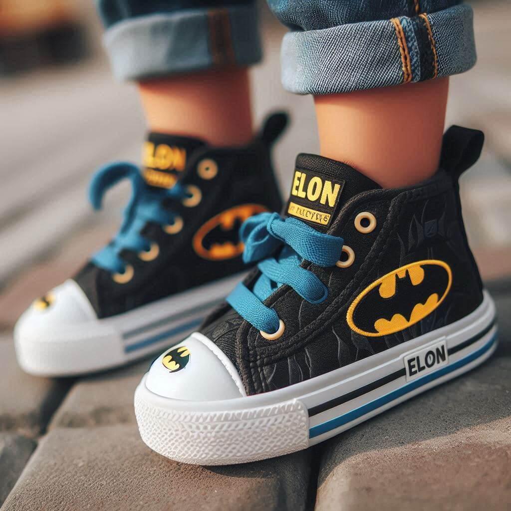 Chaussures baskets pour enfant avec le prenom elon theme batman porte par un petit garcon 1
