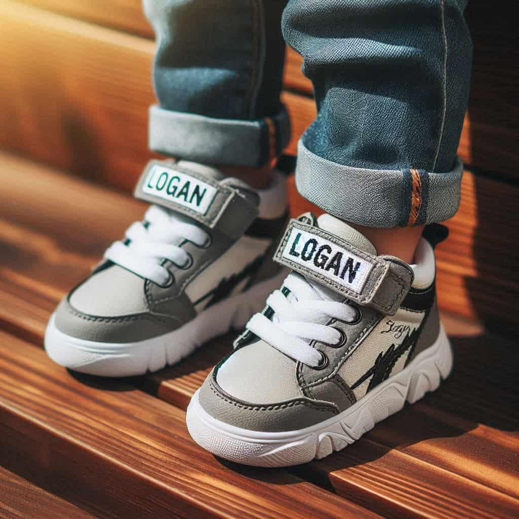 Chaussures de basket grises et blanches pour enfant personnalise avec le prenom logan