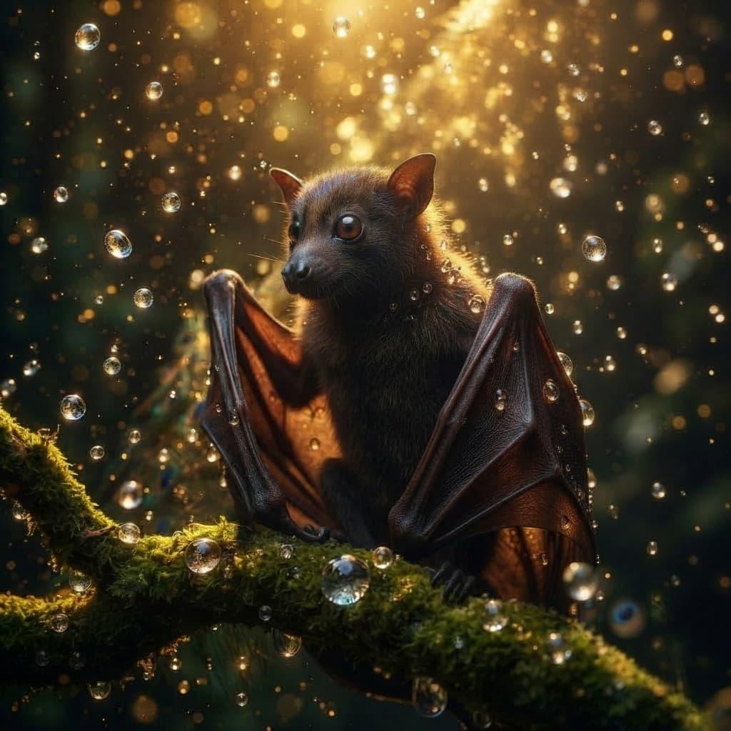 Chauve souris perchee sur une branche dans une lumiere doree symbole d intuition de transformation et d energie nocturne
