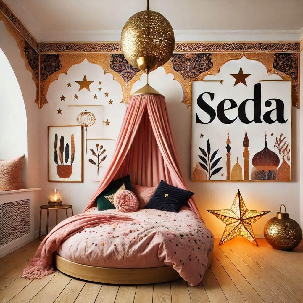 Décoration chambre enfant inspirée de l'exotisme et de l'Orient avec des tons chauds, lit rond à baldaquin et lampe étoilée Seda.