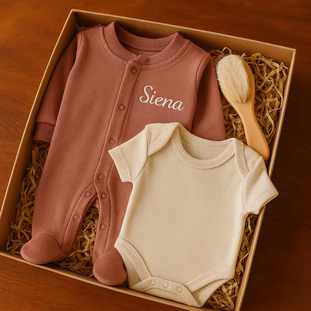 Coffret personnalise avec nom de siena pyjama body et brosse a cheveux en bois cadeau de naissance original