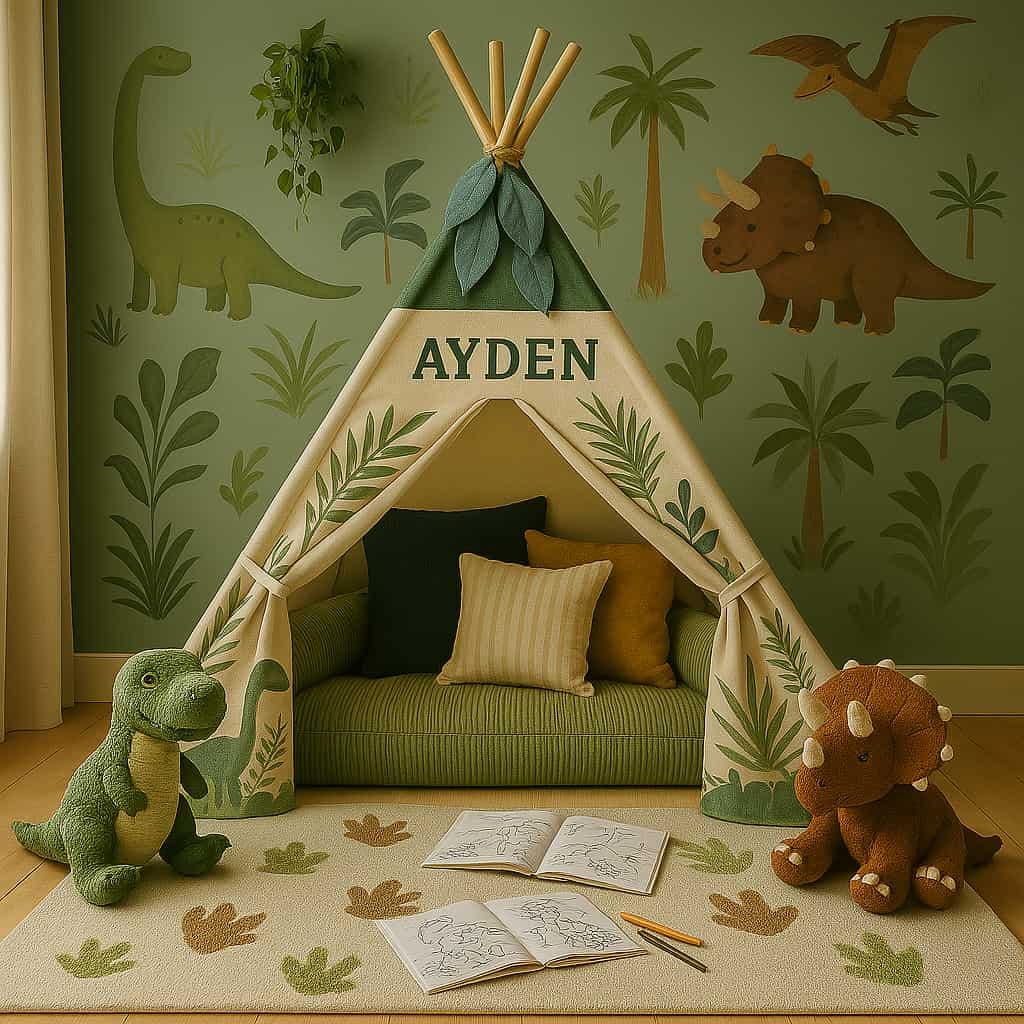 Coin de detente pour enfant sur le theme des dinosaures tapisserie dinosaures tipi peluches prenom ayden