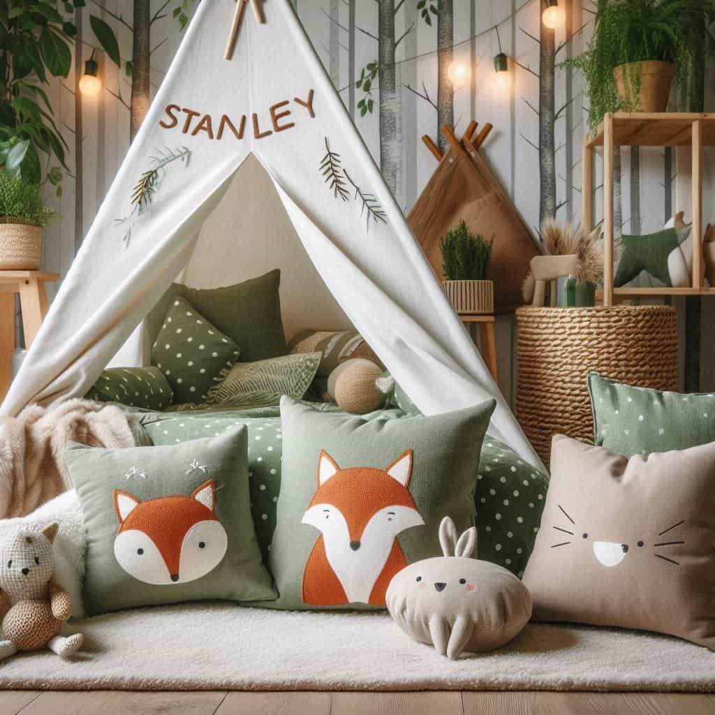 Coin de detente pour enfant theme animaux de la foret prenom stanley couleurs naturelles