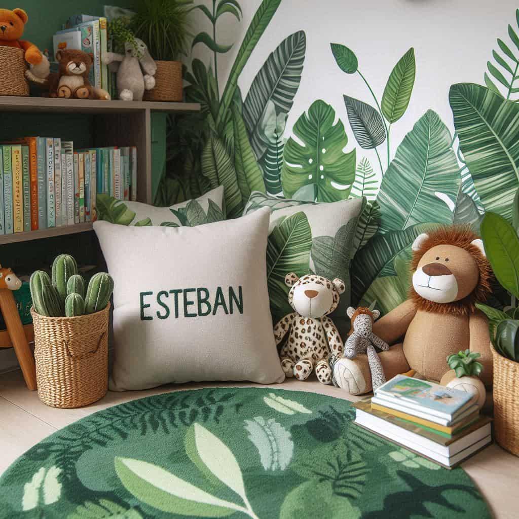 Coin detente pour lire decoration jungle bibliotheque personnalise avec le prenom esteban