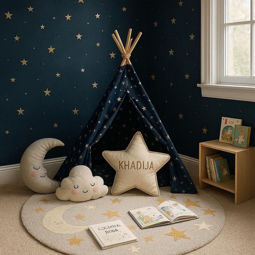 Coin jeu pour enfant theme ciel etoile tipi coussin livre prenom khadija