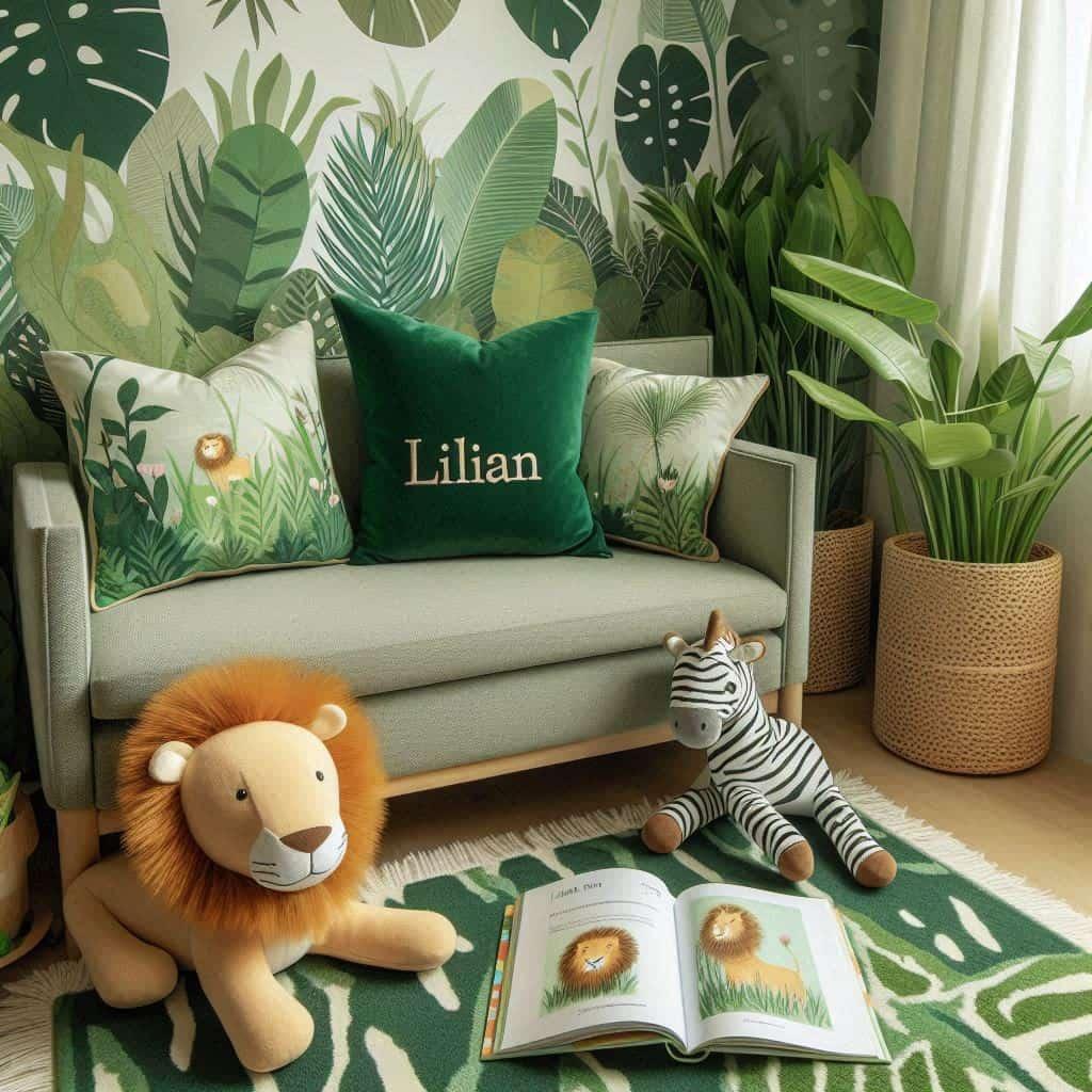 Coin lecture avec canape et coussin livre pour enfant sur le theme de la jungle avec des tons verts evoquant la vegetation luxuriante personnalisation lilian