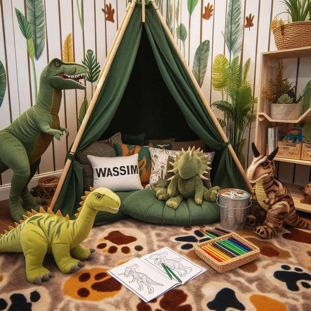 Coin lecture avec tipi decoration theme dinosaure peluche dinosaures prenom wassim