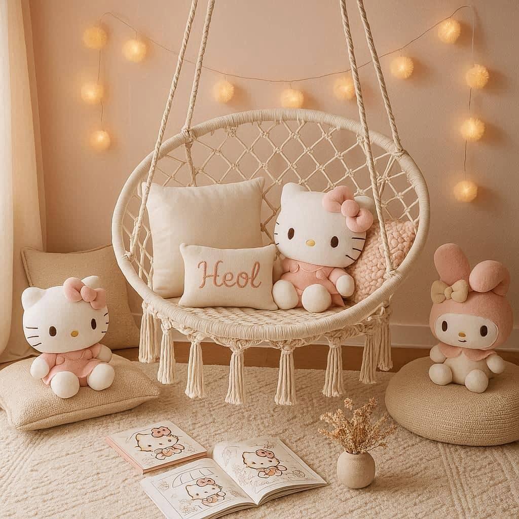 Coin lecture boheme et cosy inspire hello kitty avec fauteuil suspendu en macrame coussins brodes heol peluches sanrio tapis texture guirlande lumineuse et decor poetique en tons r