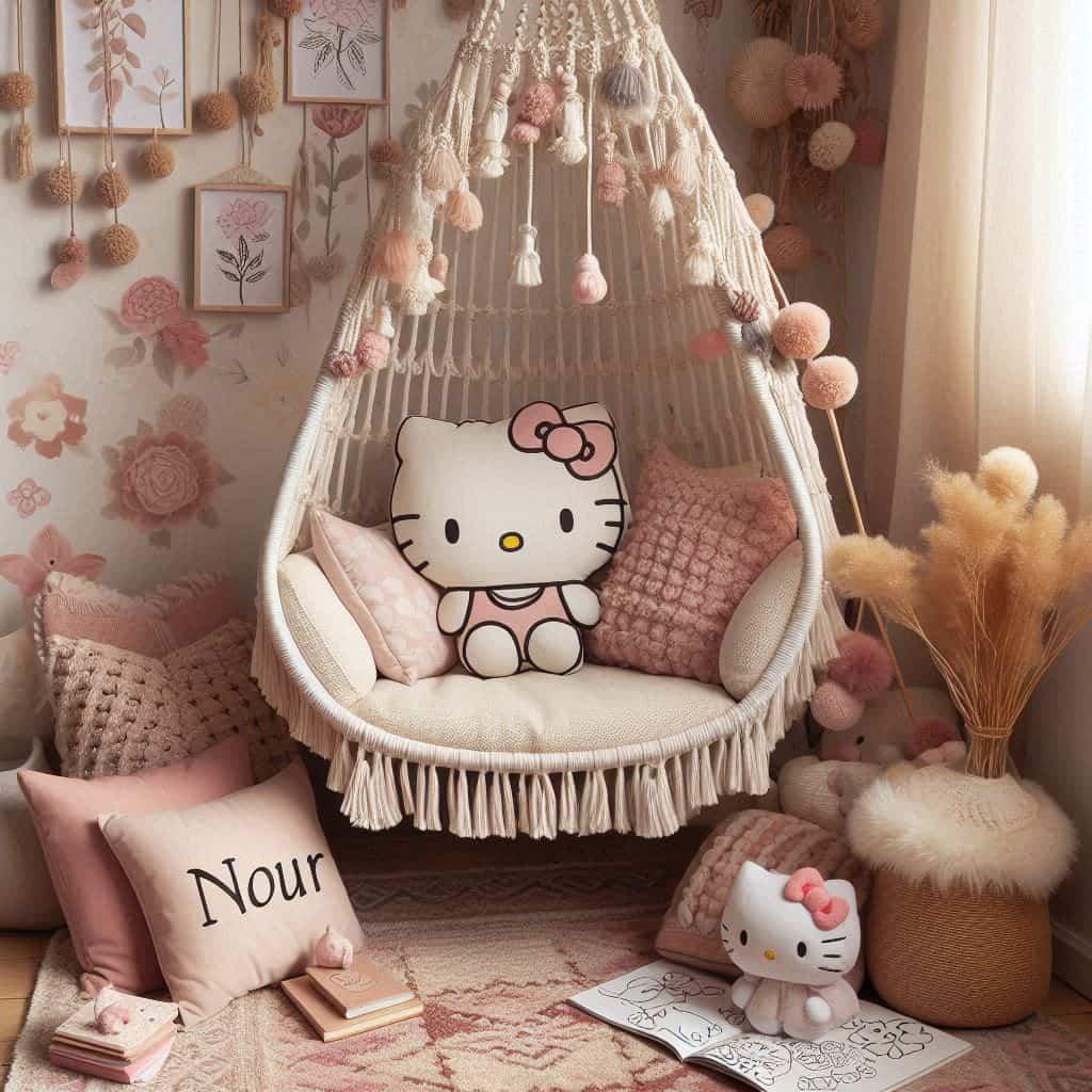 Coin lecture boheme inspire de hello kitty avec fauteuil suspendu en macrame coussins roses et beiges coussin brode prenom nour peluches sanrio tapis texture guirlande lumineuse a