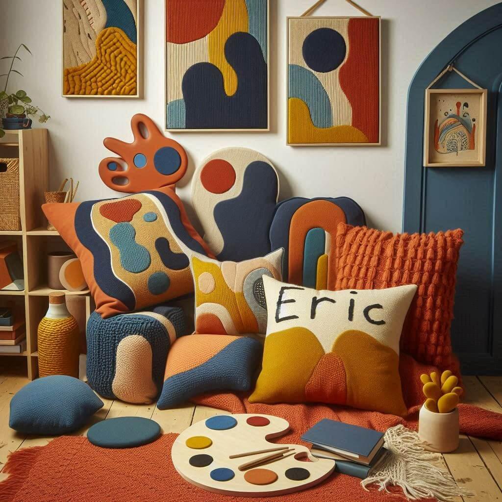 Coin lecture creatif et colore avec des formes organiques et des touches de bleu klein terracotta et jaune moutarde des coussins aux motifs abstraits et en forme de palette dartist