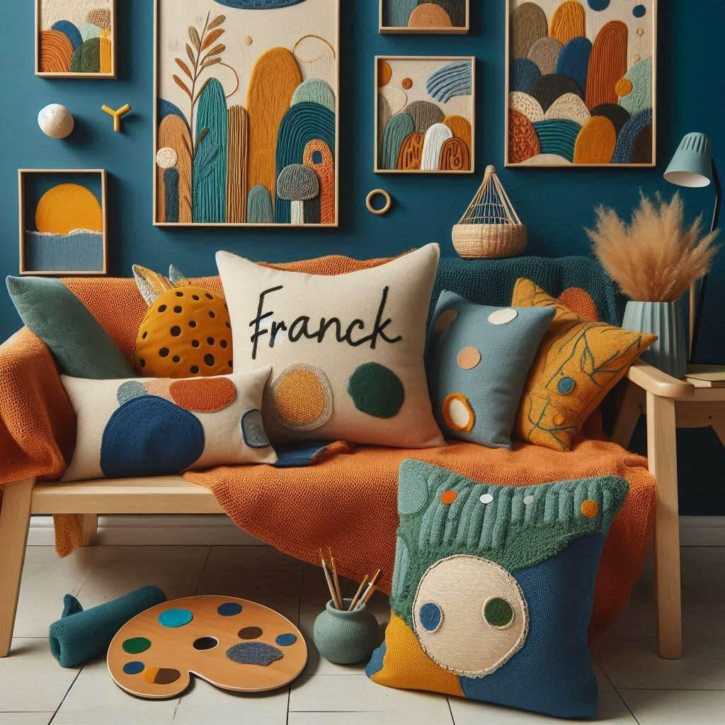 Coin lecture creatif et colore avec des formes organiques et des touches de bleu klein terracotta et jaune moutarde des coussins aux motifs abstraits et en forme de palette dartist