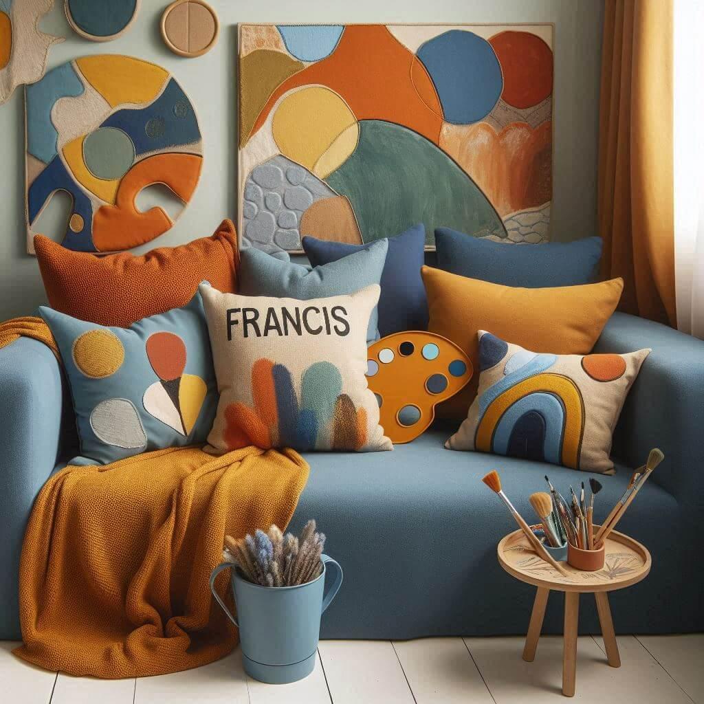 Coin lecture creatif et colore avec des formes organiques et des touches de bleu klein terracotta et jaune moutarde des coussins aux motifs abstraits et en forme de palette dartist