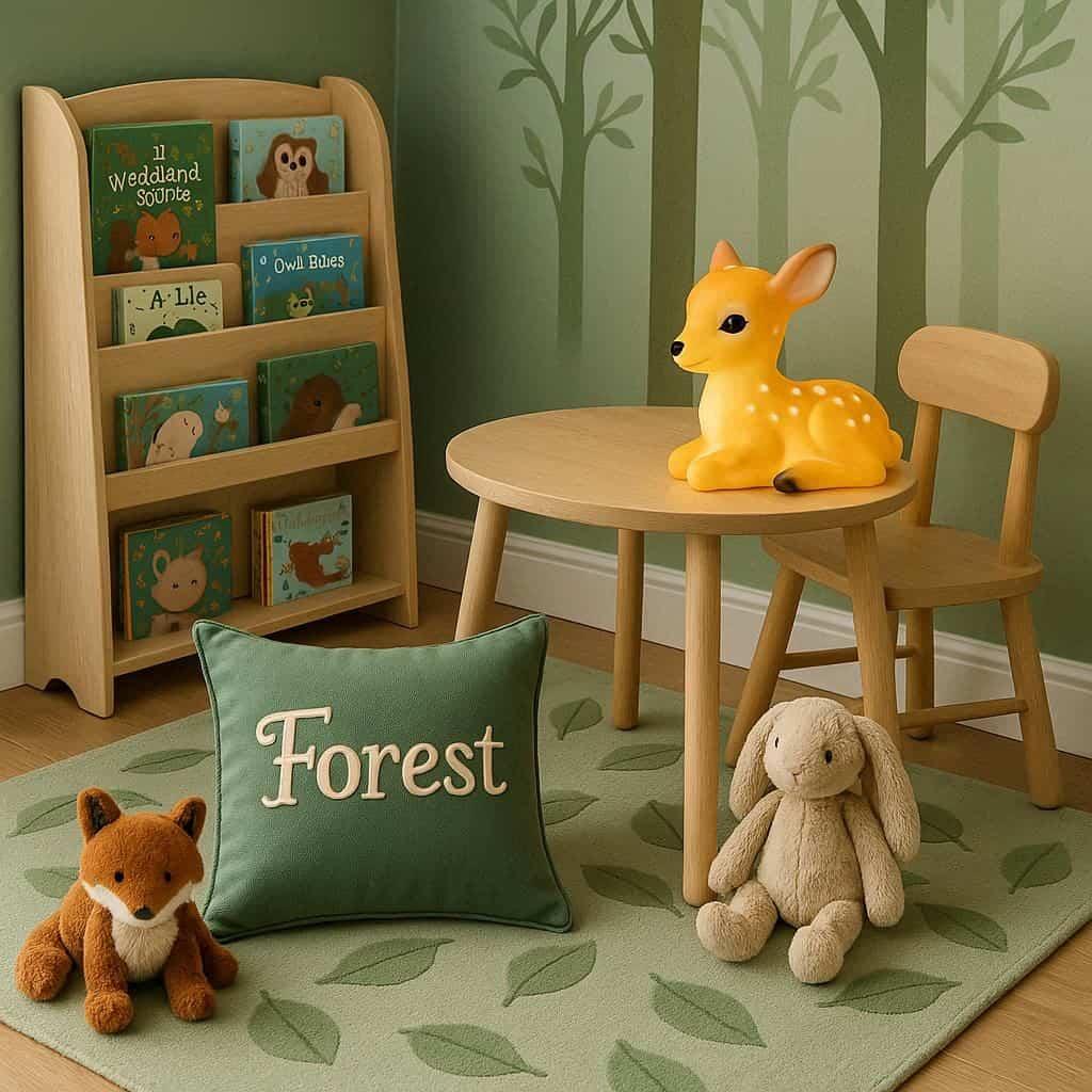 Coin lecture enfant foret avec bibliotheque table et chaise coussin prenom forest tapis feuilles peluches renard et lapin decoration epuree tons verts lampe faon allumee espace cos