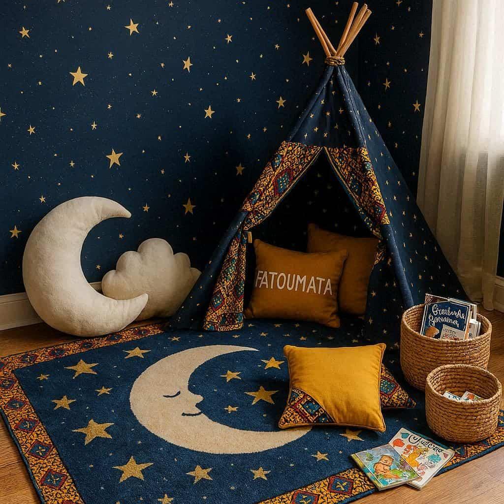 Coin lecture enfant sur le theme ciel etoile avec inspirations africaines murs bleu nuit a etoiles dorees tipi etoile avec tissu wax tapis moelleux a motifs lune et etoiles coussin