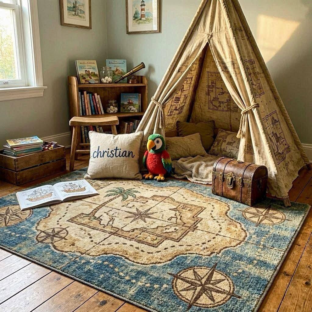 Coin lecture enfant sur le theme des pirates avec tipi tapis carte au tresor et coussin personnalise au prenom christian dans une chambre aux tons bleu ocean et sable