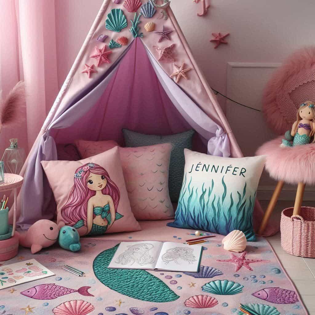 Coin lecture enfant sur le theme des sirenes avec tapis marin rose violet et bleu peluches sirenes coquillages etoiles de mer tipi aux couleurs marines cahiers de coloriage coussin