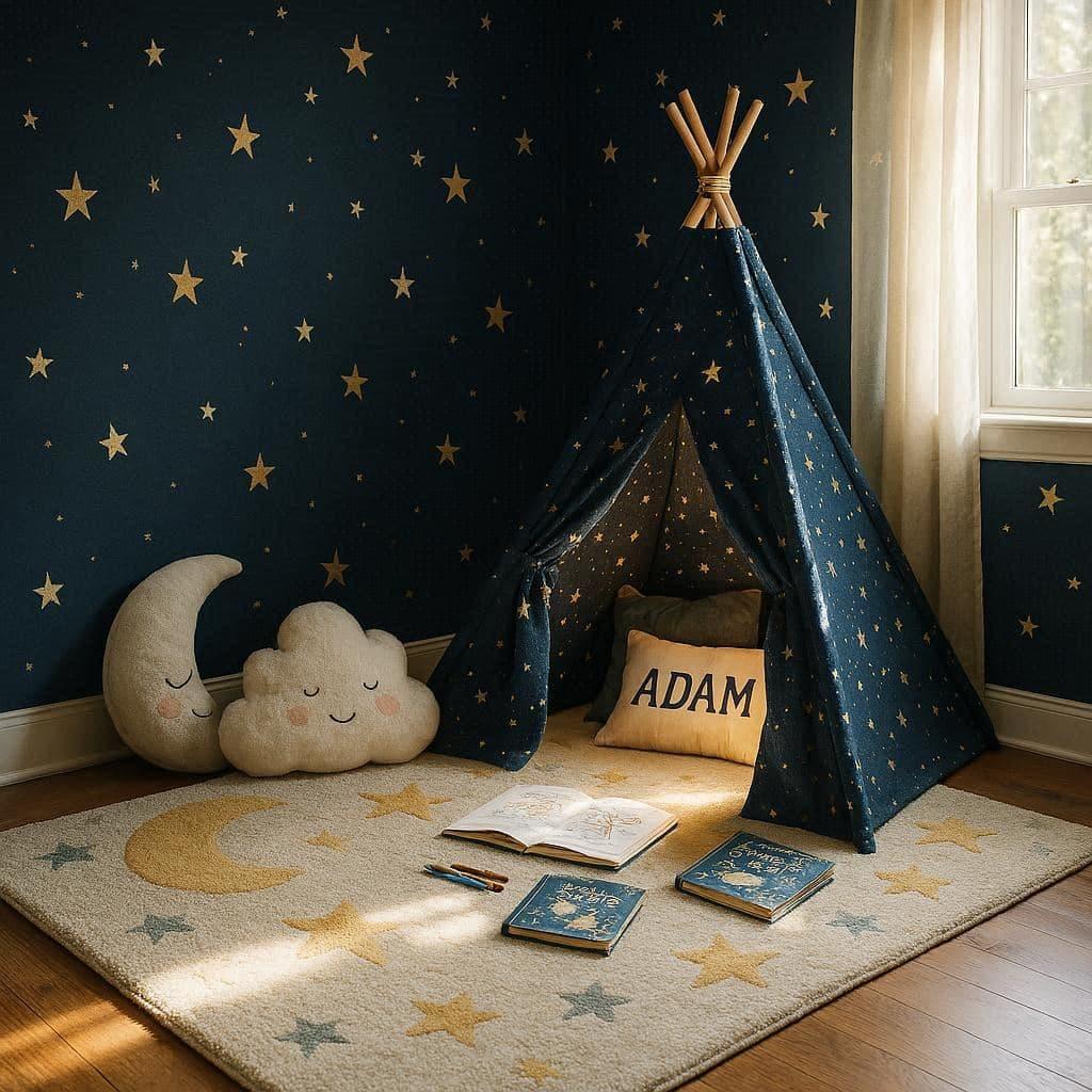 Coin lecture enfant theme ciel etoile avec tipi bleu nuit coussins personnalises adam peluches lune et nuages tapis moelleux motifs etoiles ambiance cozy et lumineuse