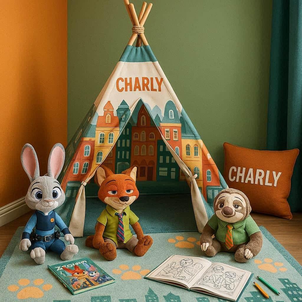Coin lecture enfant zootopia realiste avec tapis a motifs peluches des heros et tipi personnalise charly