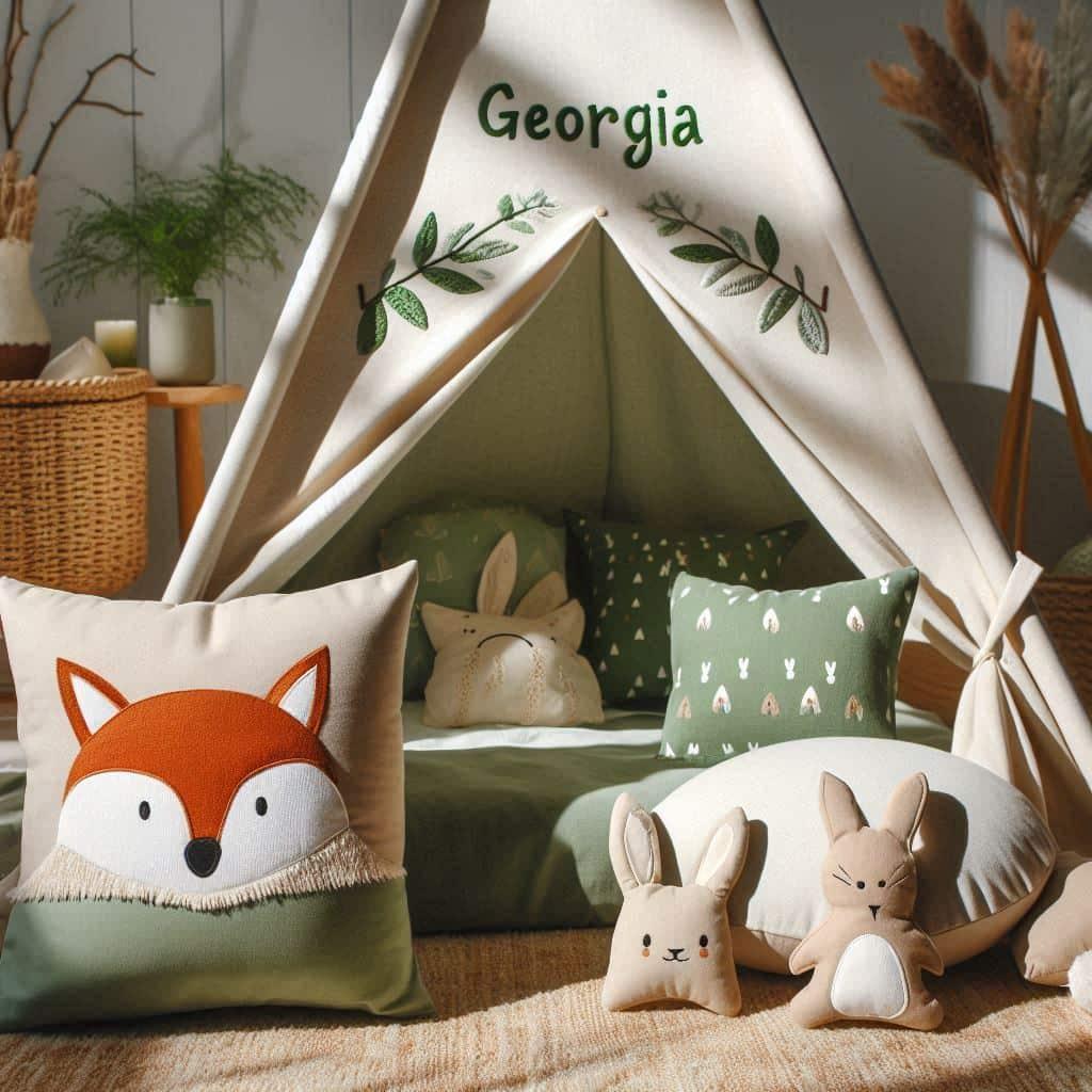 Coin lecture et detente chambre enfant deco renard et sapin personnalise avec le prenom georgia