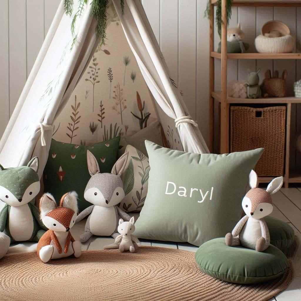 Coin lecture et detente couleurs douces et nature avec tipi et peluches prenom daryl