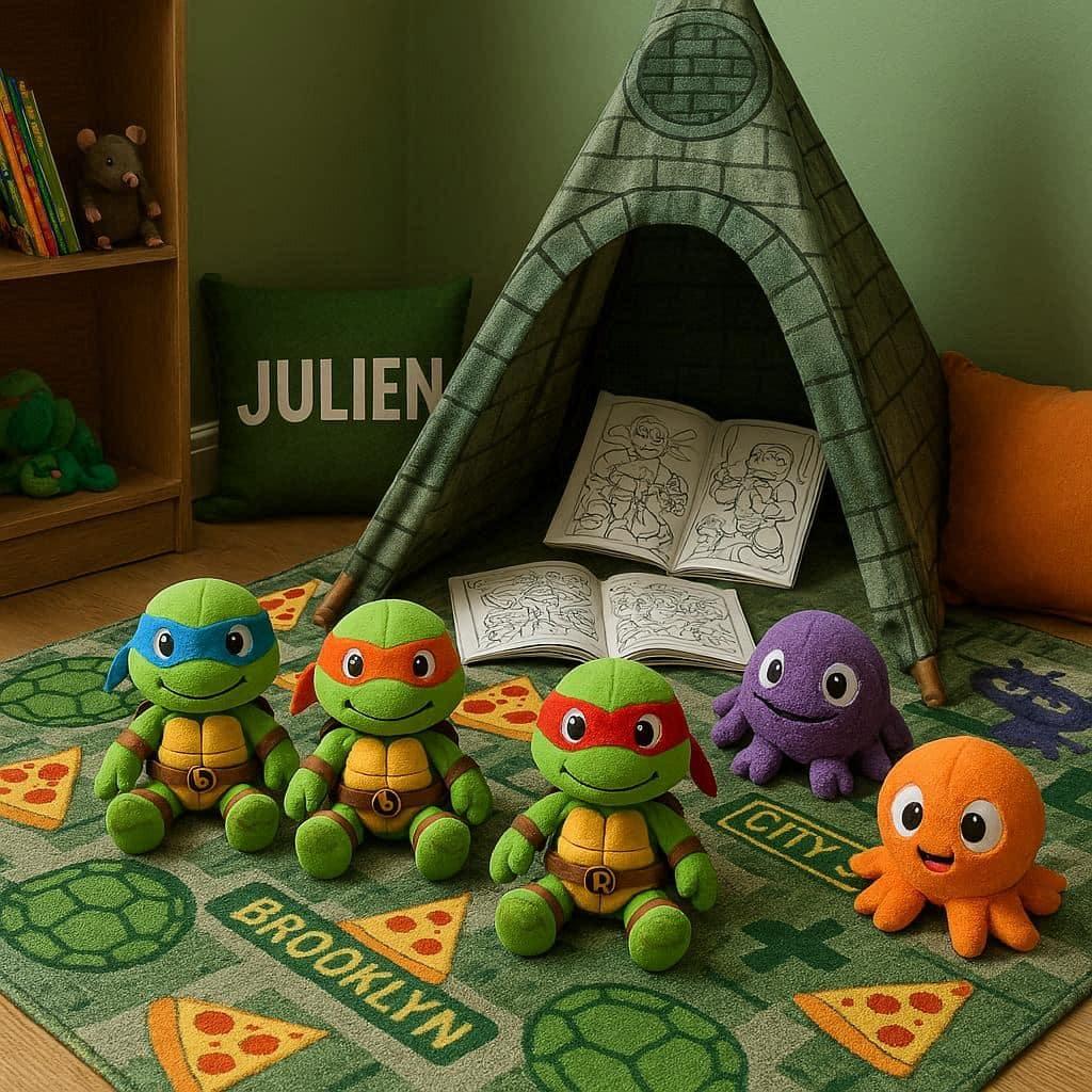 Coin lecture et jeux dans une chambre enfant thème Tortues Ninja avec le prénom Julien intégré dans la décoration