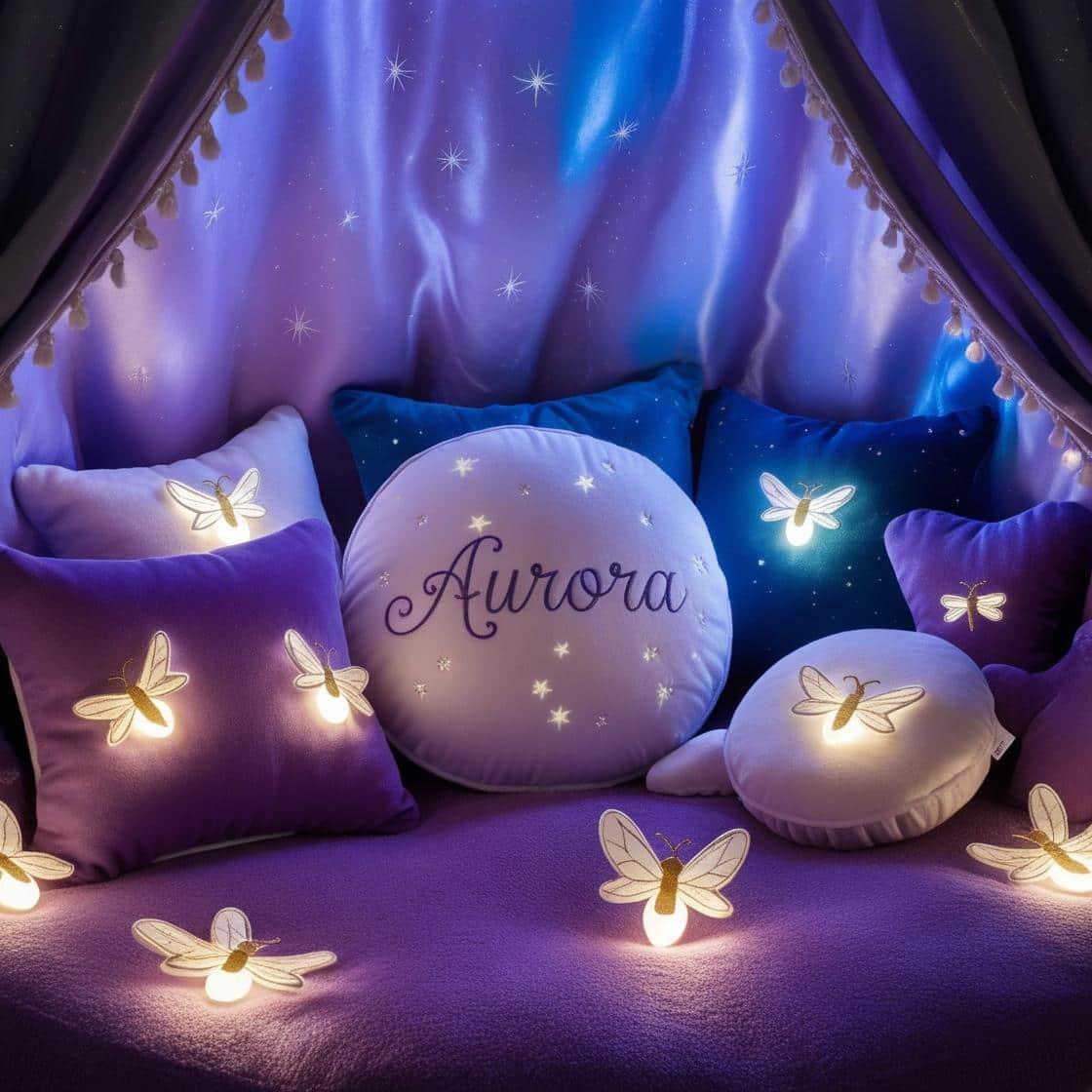 Coin lecture feerique sous les etoiles avec des tons de violets bleus et argentes des coussins en forme de fees et de lucioles et le prenom aurora inscrit sur un coussin en forme d
