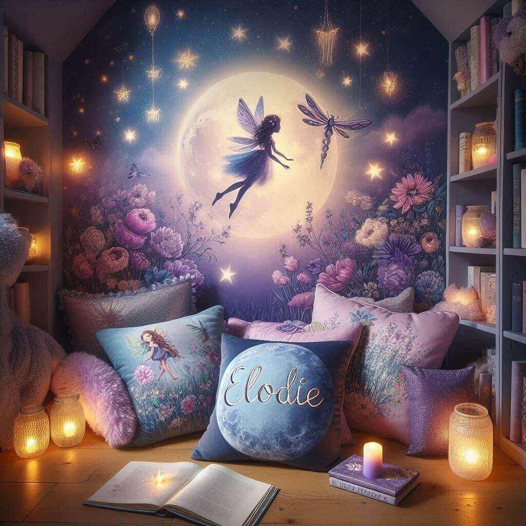 Chambre enfant theme feerique avec le prenom elodie