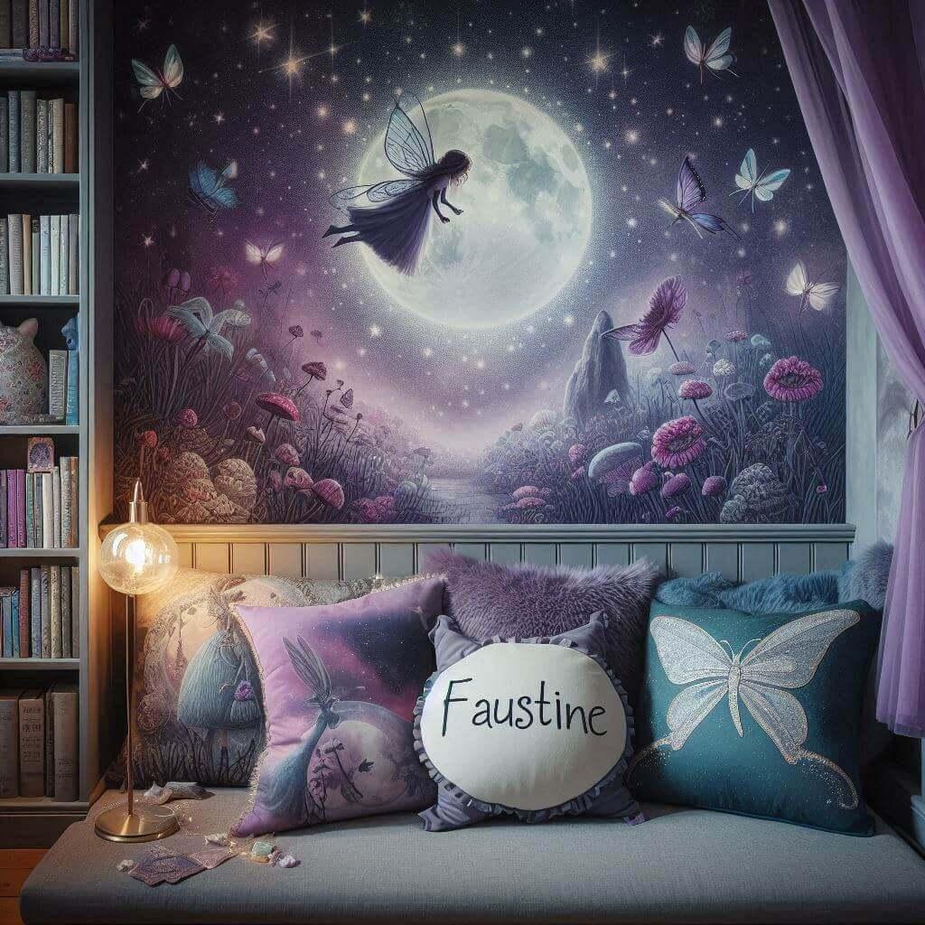 Coin lecture feerique sous les etoiles avec des tons de violets bleus et argentes des coussins en forme de fees et de lucioles et le prenom faustine