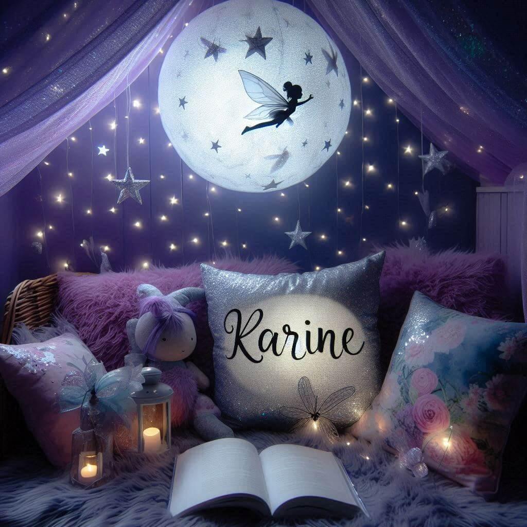 Coin lecture feerique sous les etoiles avec des tons de violets bleus et argentes des coussins en forme de fees et de lucioles et le prenom karine inscrit sur un coussin en forme d