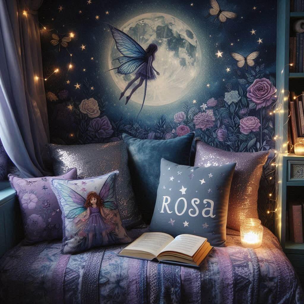 Coin lecture feerique sous les etoiles avec des tons de violets bleus et argentes des coussins en forme de fees et de lucioles et le prenom rosa inscrit sur un coussin en forme de