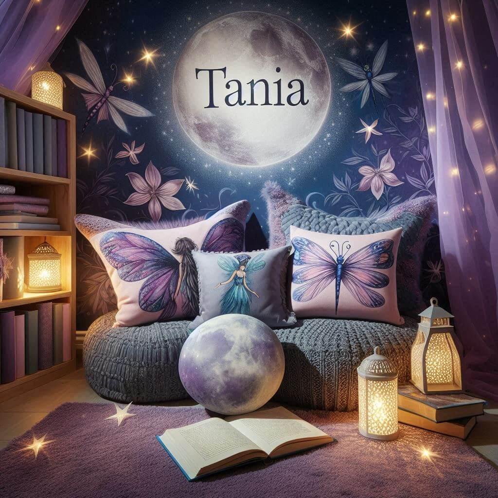 Coin lecture feerique sous les etoiles avec des tons de violets bleus et argentes des coussins en forme de fees et de lucioles et le prenom tania