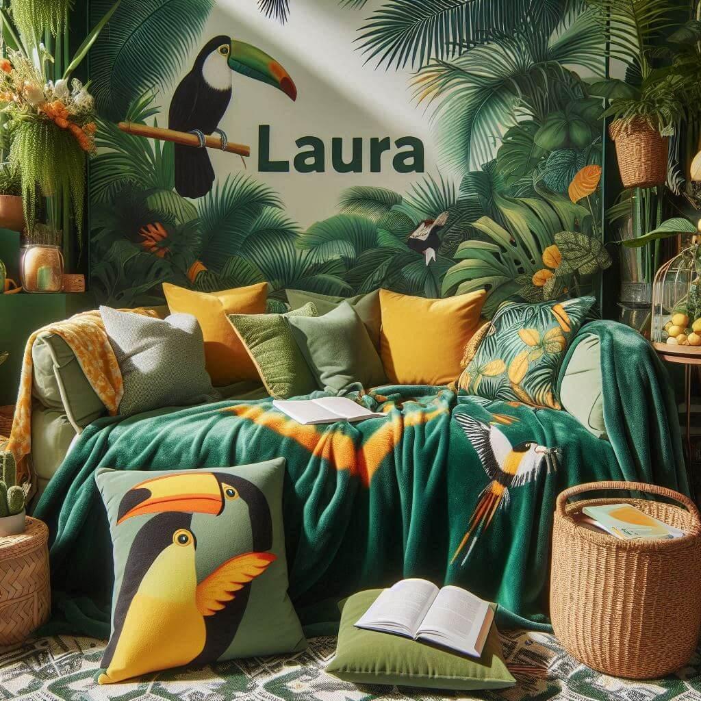 Coin lecture inspire de la jungle tropicale avec des tons de verts de jaunes et d oranges des coussins en forme de toucans et de perroquets et le prenom laura