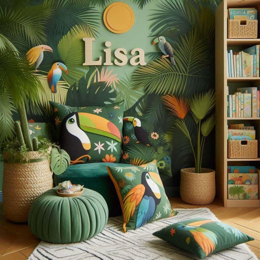 Coin lecture inspire de la jungle tropicale avec des tons de verts de jaunes et d oranges des coussins en forme de toucans et de perroquets et le prenom lisa