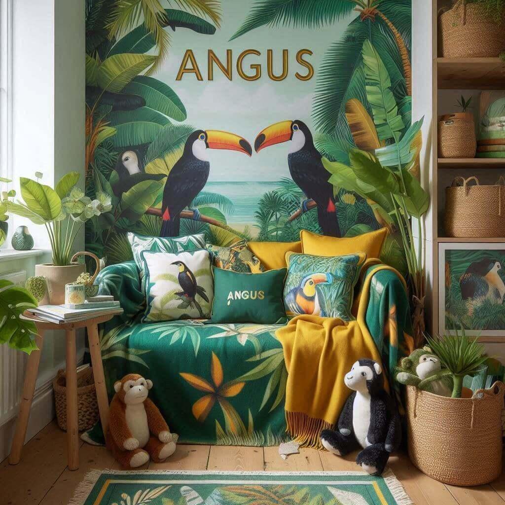 Coin lecture inspire de la jungle tropicale avec des tons de verts de jaunes et d oranges des coussins en forme de toucans et de singes et le prenom angus