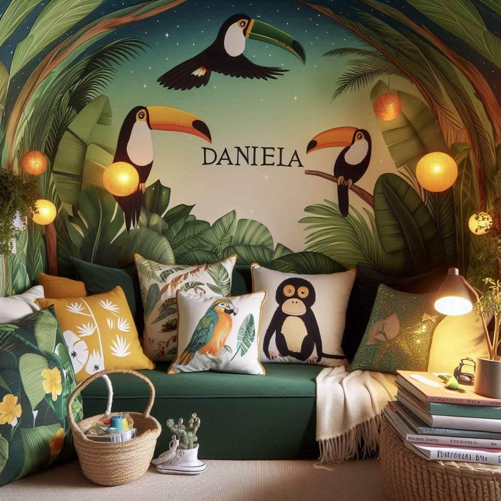 Coin lecture inspire de la jungle tropicale avec des tons de verts de jaunes et d oranges des coussins en forme de toucans et de singes et le prenom daniela inscrit sur une couvert
