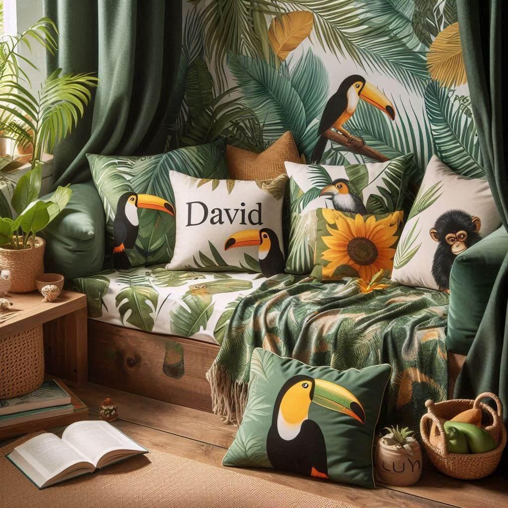 Coin lecture inspire de la jungle tropicale avec des tons de verts de jaunes et d oranges des coussins en forme de toucans et de singes et le prenom david inscrit sur une couvertur